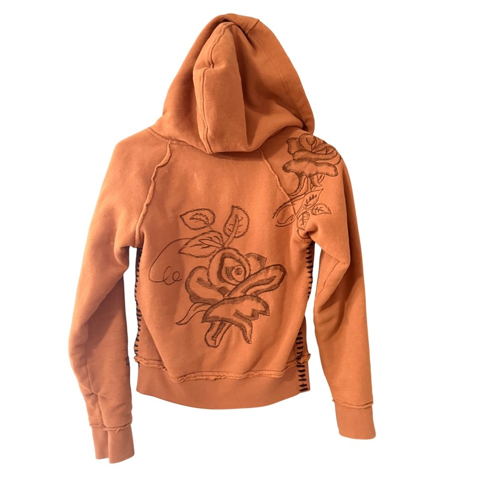 Adriana Womens Burnt Orange Embroidered Floral Faux Fur Lined Zip Hoodie Small